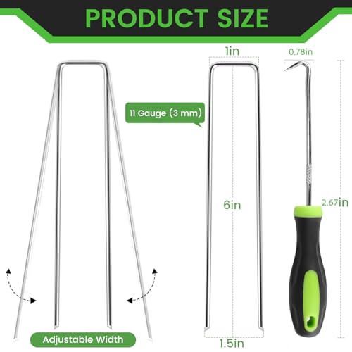 200 Pack 6 Inch Landscape Staples + 1 Hook 11 Gauge Heavy Duty Galvanized Garden Stakes, U-Shaped Ground Pins for Weed Barrier Fabric, Drip Irrigation Tubing, Sod, Lawn & Christmas Outdoor Decorations - view 2