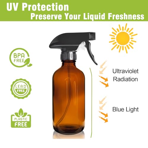 8OZ Amber Glass Spray Bottles - 2 Pack - Empty Refillable Bottle for Essential Oils, Plants, Cleaning Solutions, Hair Mister - Durable Nozzle w/Fine Mist and Stream Setting - view 3