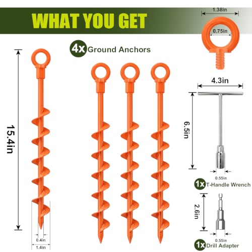 USA 4-Pack Screw in Ground Anchors,Detachable Spiral Tent Stakes,Heavy Duty Rust Proof Metal Trampoline Anchors with Drill Bit Adapter&T-Handle Tool for Canopy,Tent,Trampoline,Swing Set(Orange) - view 3