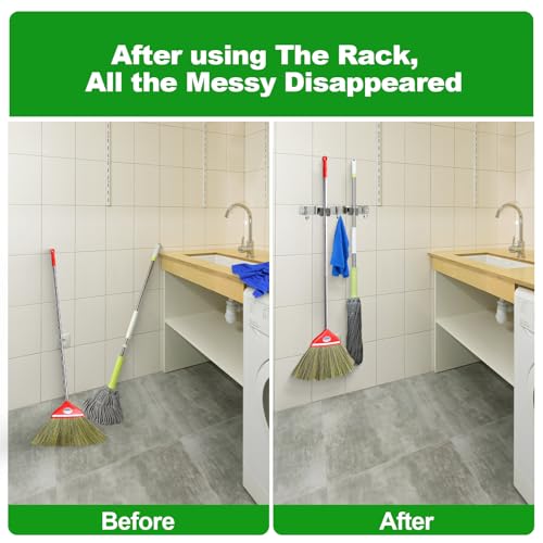 2 Racks and 3 Hooks Mop and Broom Holder Wall Mount, Self Adhesive Heavy Duty Broom Organizer Storage Tool Racks for Kitchen Garden Laundry Garage - view 2