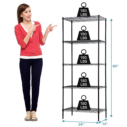 5-Tier Metal Shelving Unit, 750 lb, 24 x 14 x 60 in, Black - view 3