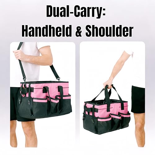 Multi - Purpose Cleaning Tool Organizer Tote Bag, Large Capacity with Adjustable Compartments, Portable Hand Strap & Adjustable Shoulder Strap for Cleaning, Gardening, Car Organization (Pink) - view 5