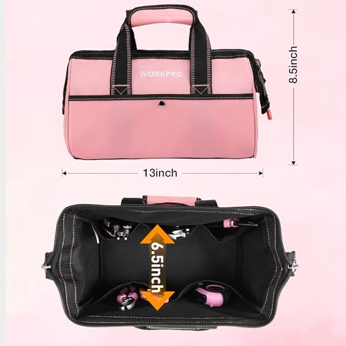13-Inch Tool Bag, Pink Soft Cloth Tool Storage Bags, Wide Mouth Tool Tote Bag with Inside Pockets - Pink Ribbon - view 3