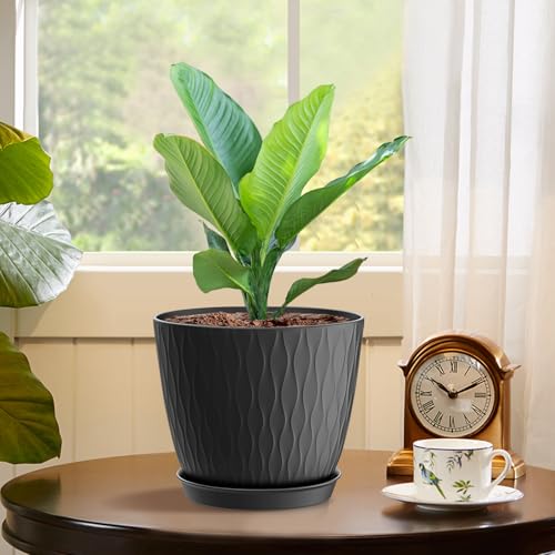 6 inch Plant Pots, 5 Pack Flower Pots with Drainage Holes and Saucers for Indoor Plants, Plastic Planters with Water Ripple for Small Garden House Plants, Nursery Pots for Succulent, Black - view 5