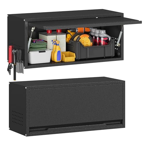 Metal Garage Wall Cabinet with Up-Flip Door,Wall-Mounted Steel Storage Cabinet, Float Tool Cabinet with Pegboard,Upper Cabinet for Kitchen,Garage,Workshop,Warehouse(13.8" H,Black)