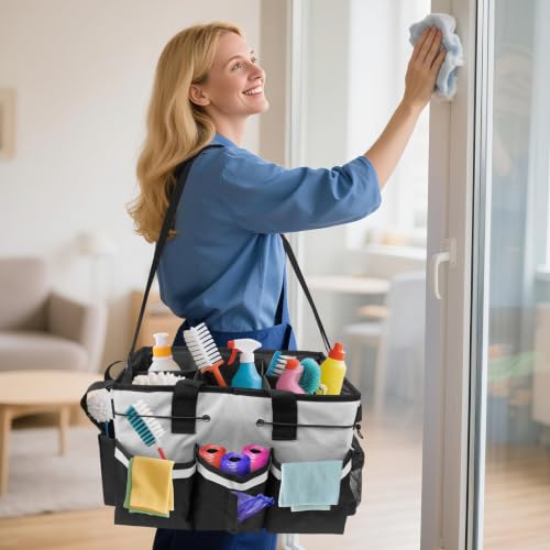 Large Cleaning Caddy Bag with Handle, Built-in Sturdy Support Board, Adjustable Shoulder Strap, Multi-compartment Design Cleaning Supply Tote for Cleaners & Housekeepers (White) - view 2
