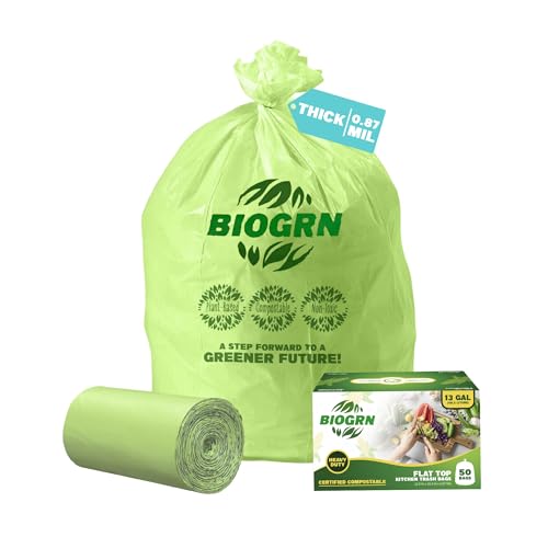 10-13 Gallon Compostable Trash Bags with Flat-Top 50 Bags Thick 0.87 Mil Leakproof Plant-based Tall Kitchen Wet Food Scrap Waste, ASTM D6400, US BPI and OK Compost Home Certified