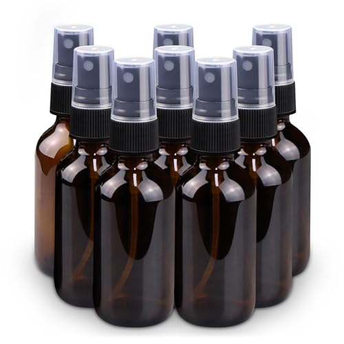 Spray Bottle, 2 oz Fine Mist Glass Spray Bottles, Little Refillable Liquid Containers for Watering Flowers Cleaning (8 Pack, Amber)