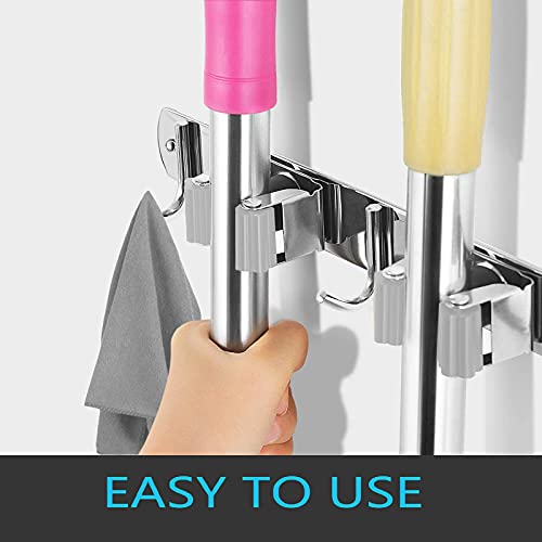 Broom and Mop Holder Wall Mounted, Broom Hanger Storage Rack, Stainless Steel Mop Hanger, Dustpan Holders with 2 Racks and 3 Hooks, Heavy Duty utility hooks for hanging brooms and mops - view 5