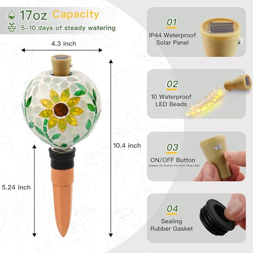 Mosaic Plant Watering Globe with Terracotta Spike,Self-Watering Irrigation for Potted Plants,Sunflower-Inspired Mosaic with Solar Accent Light, Indoor & Outdoor Décor, 17oz - view 4