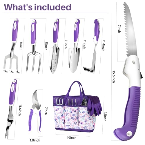 Garden Tool Set, 10 Pcs Heavy Duty Gardening Tool Kit Women Garden Gift Set Aluminum with Non Slip Ergonomic Handle, Storage Tote Bag and Gloves, Garden Supplier for Women&Men(Purple) - view 7