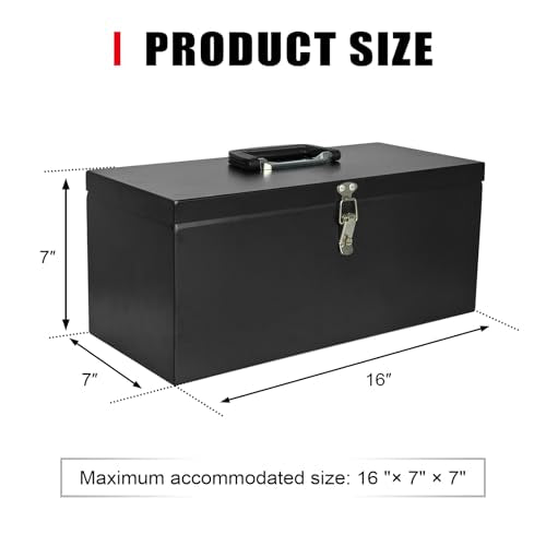 Small Steel Metal Tool Box, Lockable Storage Box for Storing Valuable Items, Office Documents, Garage Tools (16" Black) - view 2