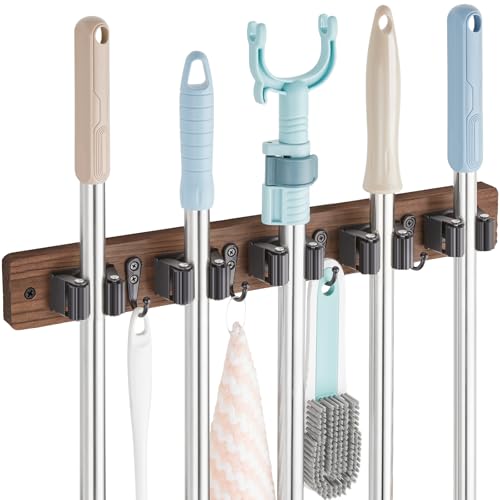 Mop and Broom Holder Wall Mount - Wood Broom Mop Hanger - Wall Mounted Garden Tool Rack Organizer for Closet Garage Laundry Room for Rustic Kitchen Decor With 5 Slots & 4 Hooks