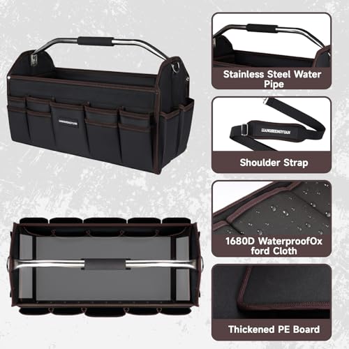 20 In Tool Carrier, Open Top Tool Tote 30 Pockets, Waterproof Tool Bag For Men, Foldable Wide Mouth Electricians Tool Bag, With Stainless Steel Handle and Removable Shoulder Strap - view 3