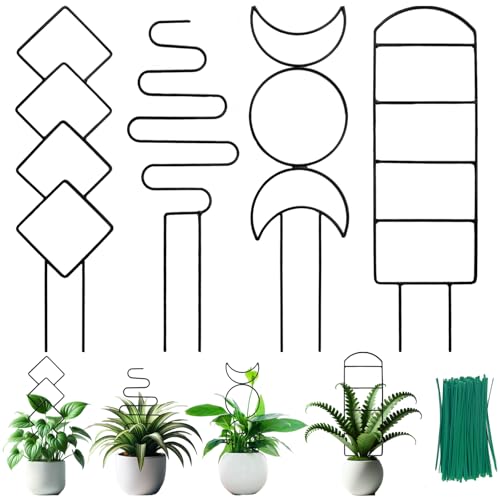 4 Packs Trellis for Climbing Plants Indoor, Small Garden Metal Trellis for Potted Plants Outdoor for Vine Ivy Flower Plant Support, 4 Different Black Iron Patterns
