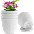 6 inch Flower Pots, 5 Pack Plant Pots with Drainage Holes and Saucers for Indoor Plants, Plastic Planters with Water Ripple for Small Garden House Plants, Nursery Pots for Succulent, White