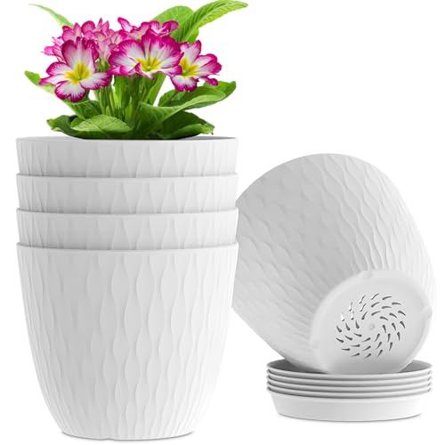 6 inch Flower Pots, 5 Pack Plant Pots with Drainage Holes and Saucers for Indoor Plants, Plastic Planters with Water Ripple for Small Garden House Plants, Nursery Pots for Succulent, White