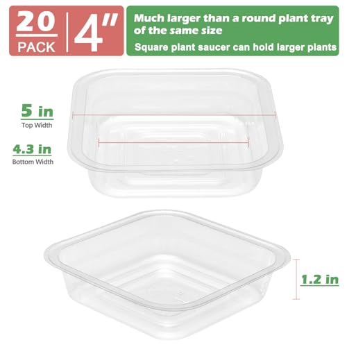 20 Pack Plant Saucers for Indoors 4 Inches Plant Trays for Pots Plastic Trays for Plants Square Plant Drip Trays for Potted Plants Flower Pot Saucers Clear Plant Plates to Catch Water, Bulk - view 4