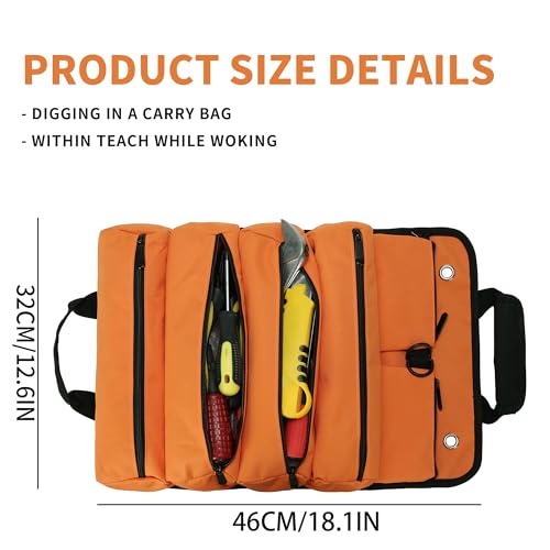 Tool Roll Bag, Tool Bag Organizer, Tool Carrier Roll UP Storage Pouches with 6 Zipper Pockets & Strap, Gifts for Men Mechanic Electrician Hobbyist (Orange) - view 2