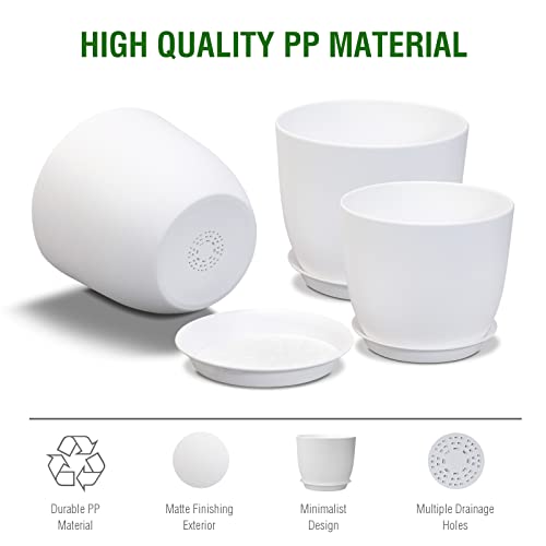 12/10/9 Large Plant Pots, Plastic Planters with Drainage Holes and Saucers for Indoor Outdoor Plants Flowers, White - view 4