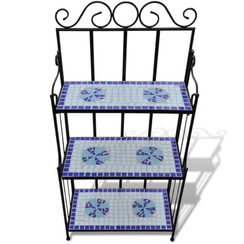 3-Tier Plant Stand, Mosaic Ceramic Tile Rack & Iron Shelf, Blue - view 2