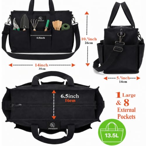 Garden Tool Bag with 9 Pockets & Shoulder Strap, Heavy Duty Gardening Tote Organizer for Tools, Gloves & Supplies, Black - view 2