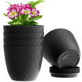 6 inch Plant Pots, 5 Pack Flower Pots with Drainage Holes and Saucers for Indoor Plants, Plastic Planters with Water Ripple for Small Garden House Plants, Nursery Pots for Succulent, Black