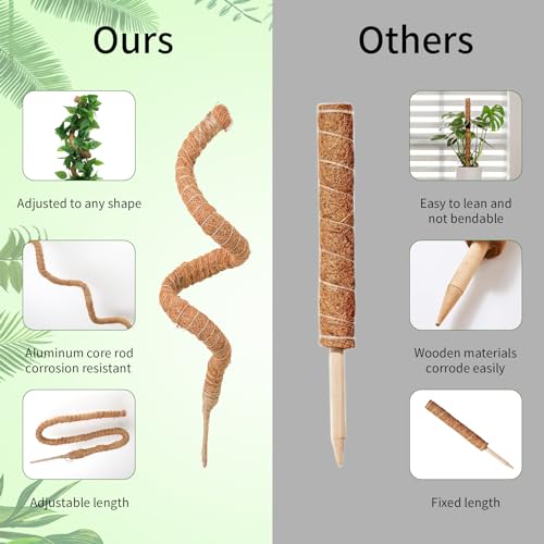 2 Pack Moss Pole for Monstera, Bendable 29" Coco Coir Plant Support with Rustproof Aluminum Core, Plant Support Stakes for Climbing Indoor Plants, Pothos, Philodendron - view 5