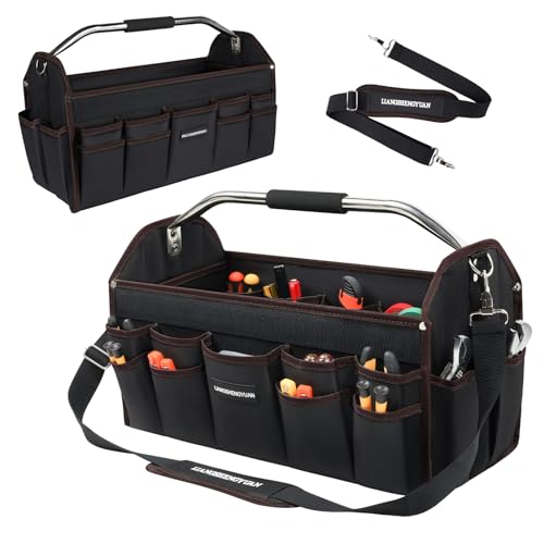20 In Tool Carrier, Open Top Tool Tote 30 Pockets, Waterproof Tool Bag For Men, Foldable Wide Mouth Electricians Tool Bag, With Stainless Steel Handle and Removable Shoulder Strap