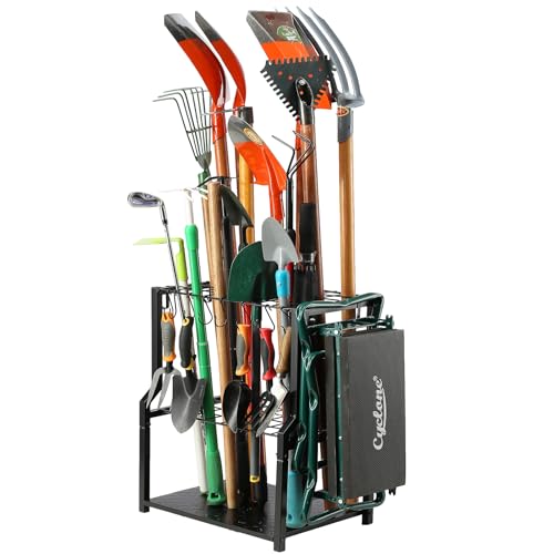 Garden Tool Organizer Heavy Duty,Yard Tool Tower Rack,Garage Storage Organization for Long Handle Tools,Rake,Brooms,Extra Hooks for Small Shovel,Shear.All Metal,Free Standing.