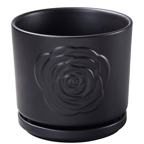 7 Inch Plant Pots for Indoor Plants, Modern Ceramic Glaze Planters, Round Flower Planter Pot with Drainage Hole and Saucer, Snake Plant Pot for Succulent, Orchid, Pothos,Gift for Plant, Black
