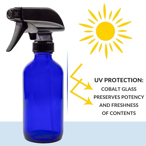 8-Ounce Cobalt Blue Glass Boston Round Spray Bottles (2 Pack) 3-Setting Heavy Duty Sprayers, Empty Refillable Bottle - view 5