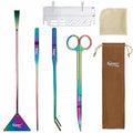 6-in-1 Long Aquarium Aquascaping Tools Kit, Color Stainless Steel Premium Aquatic Plant Tweezers Scissors Spatula Kit Comes with 1 Tool Holder and 1 Cleaning Cloth, for Fish Tank Starters