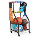 Rolling Sports Equipment Organizer with Locking Wheels and Ball Rack
