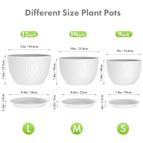 12/10/9 inch Large Plant Pots, 3 Pack Wide Flower Pots for Outdoor Indoor Plants with Water Ripples, Big Plastic Planters with Drainage Holes and Saucers for Garden House Plants, White - view 2