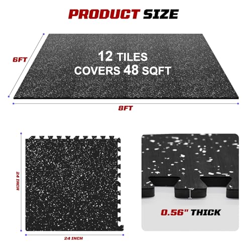 Interlocking Exercise Equipment Mats, 0.56" Thick 12 Tiles (48 Sq Ft) - Rubber Top Gym Flooring with High Density EVA Foam, Heavy Weight Workout Mats for Home GymFloor Protection,Black/White - view 3