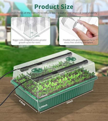 Seed Starter Tray, 120-Cells Seed Starter Kit with Grow Light, 2 Pack Reusable Seeding Starter Trays with Air Vent Humidity Domes for Greenhouse Gardening Indoor Planting Growing (Green Base) - view 6