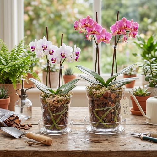 2 Pcs Orchid Pot with Drainage Holes and Tray Transparent Glass Pot Planter for Orchids Flower Repotting Anti Slip Glass Plant Vase for Indoor Outdoor Home Decor (4 Inch + 6 Inch) - view 3
