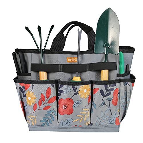 Garden Tool Bag, Garden Tool Kit Holder Home Organizer Storage Carrier, Oxford Garden Hand Tool Storage Tote Organizer with Handle and 8 Roomy Pockets, Floral Gardening Gift, Tools Not Included