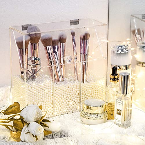 Clear Makeup Brush Holder, Acrylic Makeup Brush Organizer For Vanity, Cosmetic Brush Storage Box with Pearls, For Bathroom, Bedroom, Vanity Countertop - view 2