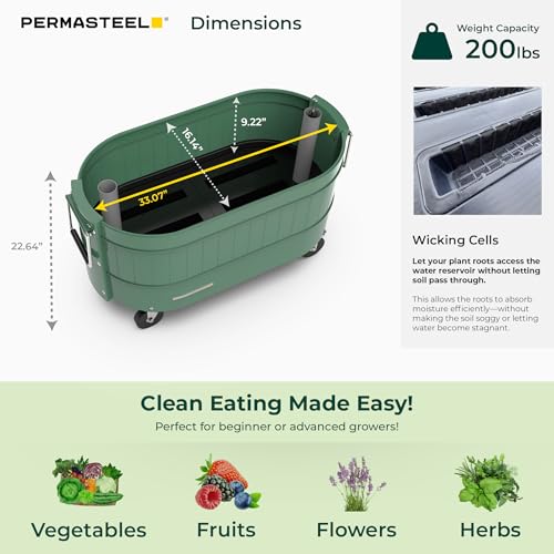 Permasteel Raised Garden Bed Outdoor Planter, Self-Watering with Castor Wheels, for Vegetables, Flowers, Herbs, and Fruit, Sage - view 6