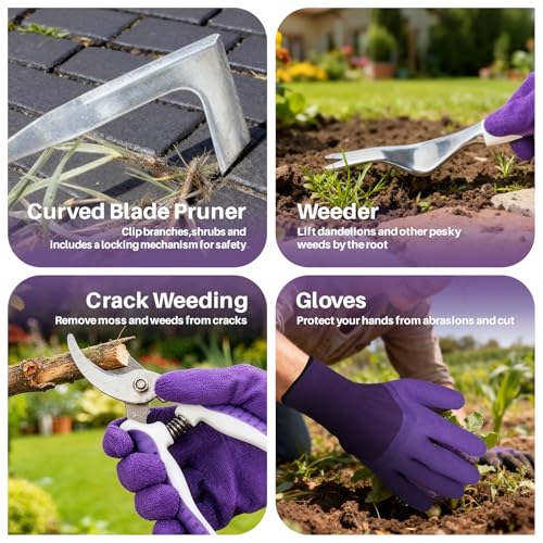 Garden Tool Set, 10 Pcs Heavy Duty Gardening Tool Kit Women Garden Gift Set Aluminum with Non Slip Ergonomic Handle, Storage Tote Bag and Gloves, Garden Supplier for Women&Men(Purple) - view 4