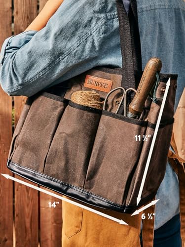 Waxed Canvas Garden Tool Tote | Heavy-Duty Tote Bag Storage Organizer for Gardening Tools | Great Gift for Gardeners | Canvas Tote Bag Caddy 8 Exterior Pockets for Tool Storage, 12" H x 14.5" W - view 2