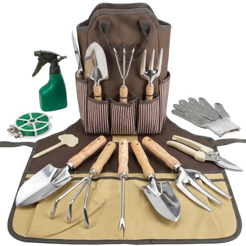 Garden Tool Set, 12 Pieces Heavy Duty Gardening Hand Tools with Garden Tools Organizer Handbag, Apron, Rust-Proof Stainless Steel Gardening Kit, Wood Handle, Ideal Garden Gifts for Women Men
