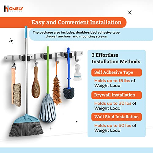 Mop and Broom Holder Wall Mount – Heavy-Duty Closet Organizer for Garage, Kitchen, Laundry Organization – Tool Hanger with 3 racks and 4 hooks - view 6