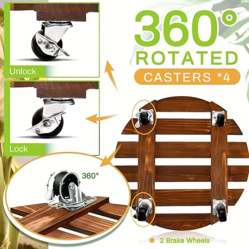 2Pcs Plant Caddy with Wheels 12" Wooden Plant Caddy with Lockable Casters - view 2
