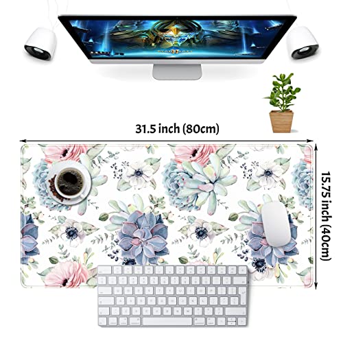 Watercolor Succulents Desk Mat, Plants Succulent Roses Desk Pad Protector, Large Gaming Mouse Pad, Stable Rubber Base Mousepad with Stitched Edges, Keyboard Mouse Mat for Work, Game, Office, Home - view 2