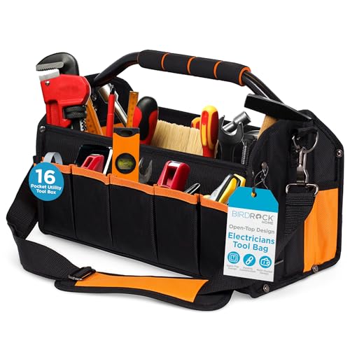 Open Top Electricians Tool Bag - Custom Electrician Organizer, Tool Carrier - 16 Pocket Utility Tool Box - Portable Shoulder Tote for Tech, Plumbers, Painters, Construction - 17 Inch