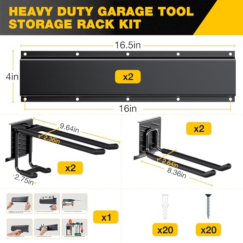 Garage Tool Organizer Wall Mount with 32 inches Rails and Adjustable Heavy-Duty Hooks, Garden Tool Organizer, Carries 300 lbs, Heavy Duty Garage Storage Rack For Yard, Shed, Workshop, Easy to Install - view 2