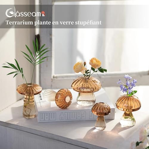 Mushroom Glass Propagation Station, 5Pcs Amber Plant Terrarium Jar - view 3
